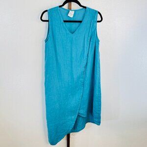 Match Point USA Blue Linen Lagenlook Artsy Sleeveless Dress Asymetrical Hem SZ M